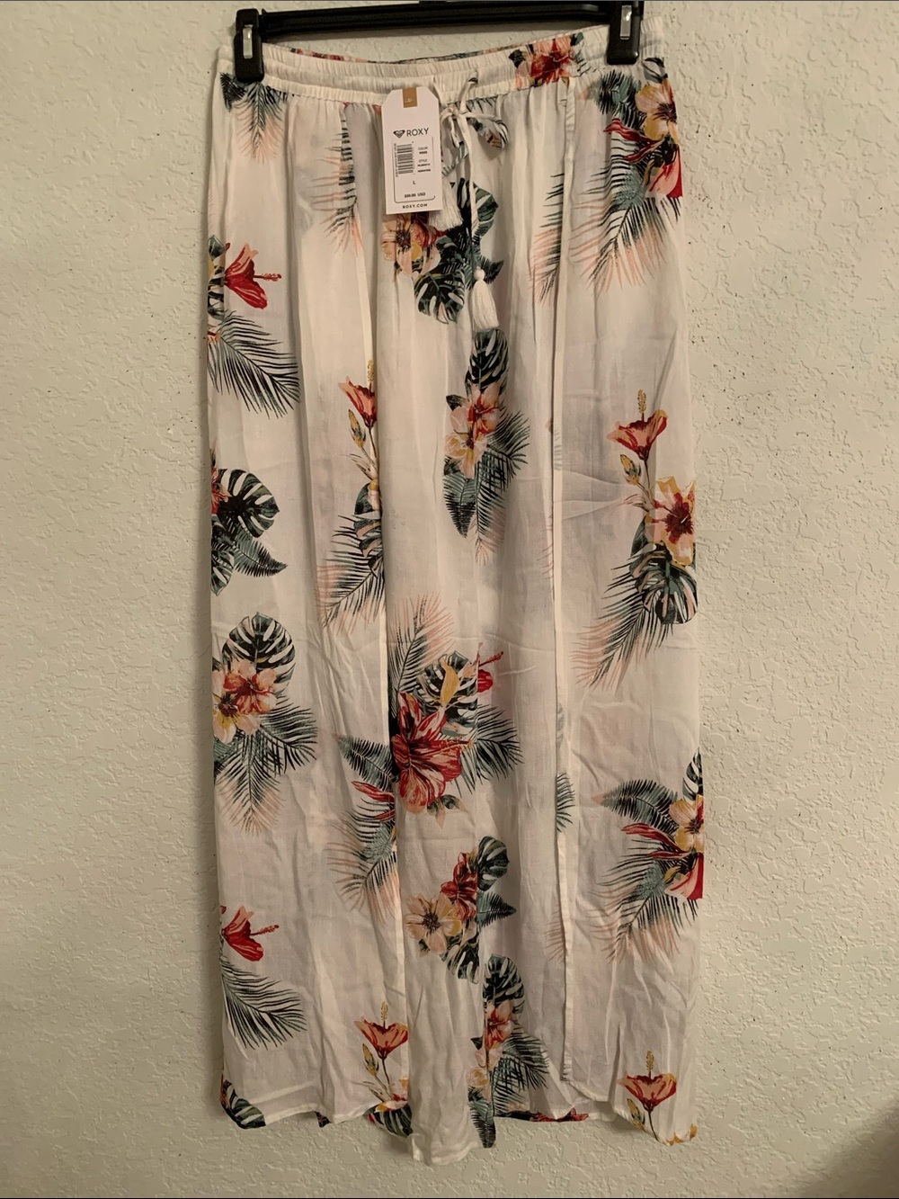 NWT Roxy White Maxi Skirt Two Sides Split Tropical Floral Print Size L
